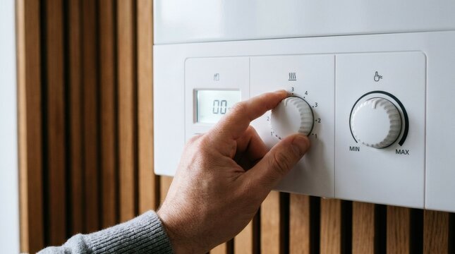 Adjusting Heat Male hand turns thermostat on white furnace with cozy home.