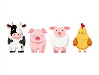 Fototapeta premium Cartoon farm animals cow pig sheep and chicken