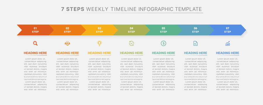 7 Steps Weekly Timeline Infographic Template with Chevron Arrow Process