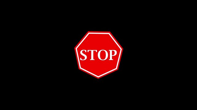 Stop sign graphic appears in center frame with red octagon and white text displaying stop, motion graphic, isolated on black background, traffic signal concept