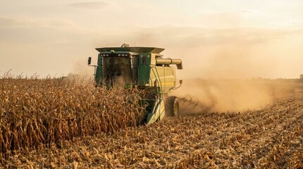 Green combine harvester operating in field of ripe corn during golden sunset, raising dust while harvesting crop in rural countryside setting