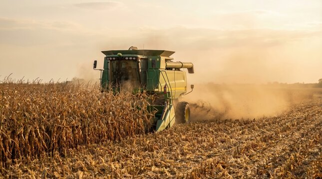 Green combine harvester operating in field of ripe corn during golden sunset, raising dust while harvesting crop in rural countryside setting