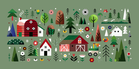 Stylized illustration of a countryside landscape with houses trees and flowers © Bijoy