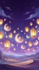 Fototapeta premium Magical night sky with glowing lanterns and crescent moons 