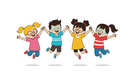 Naklejka premium Group of four happy children of different backgrounds jump for joy and hold hands to celebrate their friendship and a successful school day.