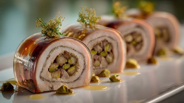 Gourmet Chicken Galantine Slices with Pistachio Filling and Aspic Glaze