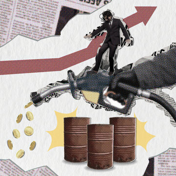Oil price analysis with rising trend and economic symbols.