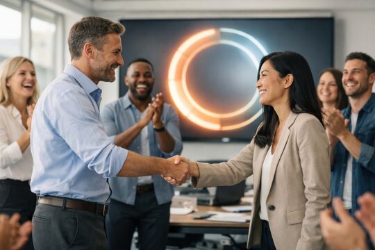 Business colleagues shaking hands and celebrating success while diverse team claps during a meeting in a modern corporate office