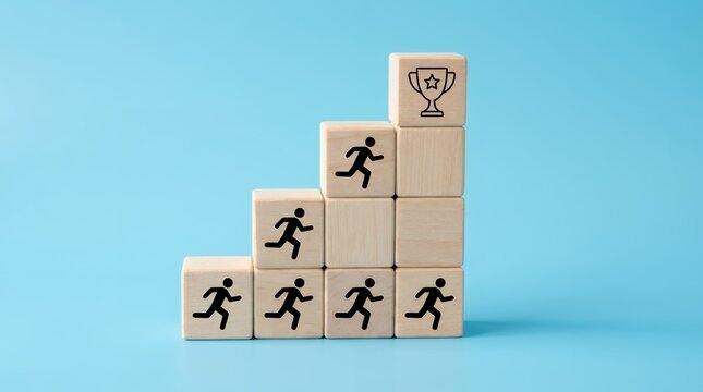 Wooden blocks stacked in ascending stairs shape featuring running figures and a trophy icon symbolizing progress and achievement towards a goal success business concept growth