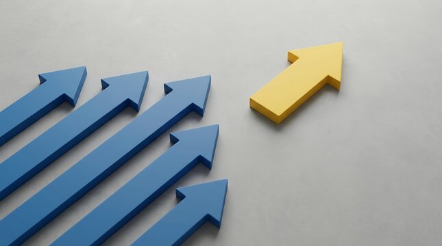 A group of blue arrows point upwards in unison with a single yellow arrow breaking away and pointing in a different direction leadership individuality opposite unique standing out