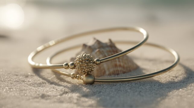 Elegant gold bracelets resting on textured sand near a natural seashell
