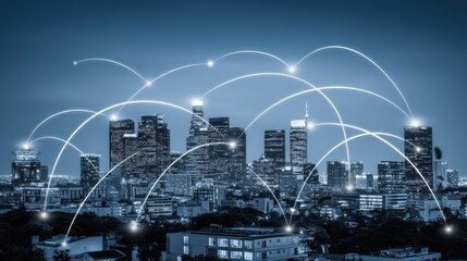 Urban connectivity networking technology illuminates downtown los angeles skyline at night
