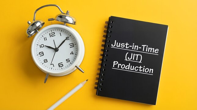 A white analog alarm clock and a black notebook with Just in Time JIT Production written on it sit on a vibrant yellow surface next to a pencil Manufacturing Efficiency Time Management