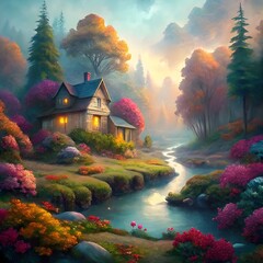 Dreamlike Autumn Landscape with Flowers, Serene River and Cozy House – Soft Pastel Fine Art Photography 