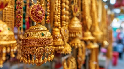 Fototapeta premium Golden jewelry display market stall product showcase vibrant atmosphere close-up view cultural richness