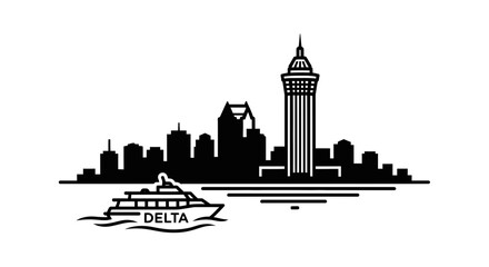 Obraz premium City Skyline Silhouette with Delta Cruise Ship on Water