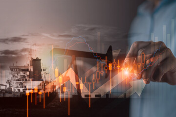 Professional analyzing global energy crisis and oil price spikes. oil pumpjack, cargo ship, and...