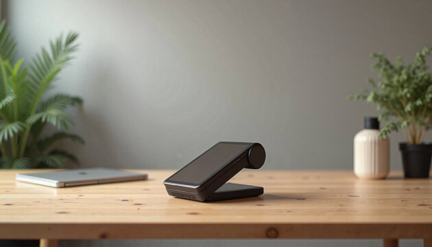  Portable projector on wooden desk with plants in minimal office