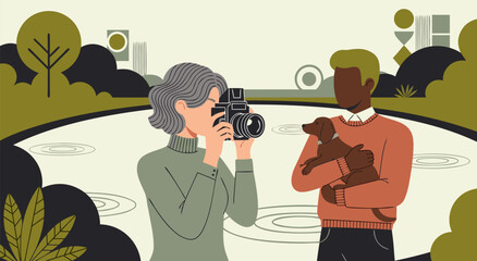 Couple with dog, vector illustration, taking a photo of their pet in the park, creative artistic concept