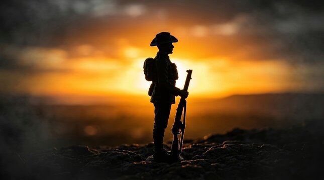 Anzac Day, Soldier, Silhouette, Sunrise, Remembrance, War, Australia - A somber and reflective silhouette of a digger with a rifle at dawn for national commemorative service.