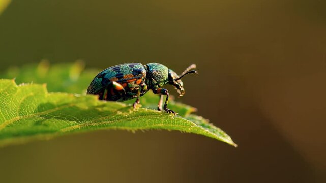 Macro shot of iridescent beetle crawling on vibrant green leaf in soft sunlight, symbolizing nature's intricate beauty and delicate ecosystems.