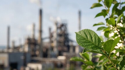 Green leaves in the foreground contrast with a blurry industrial complex emitting smoke