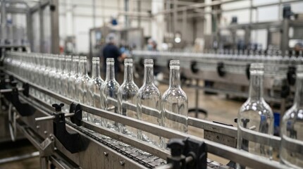 Naklejka premium Rows of clear glass bottles move along a conveyor belt in an industrial bottling facility