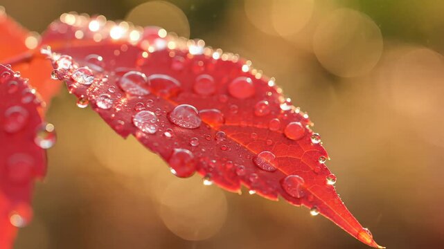 Macro shot of vibrant red leaf covered in glistening water droplets, with soft bokeh background, symbolizing nature's beauty and renewal.