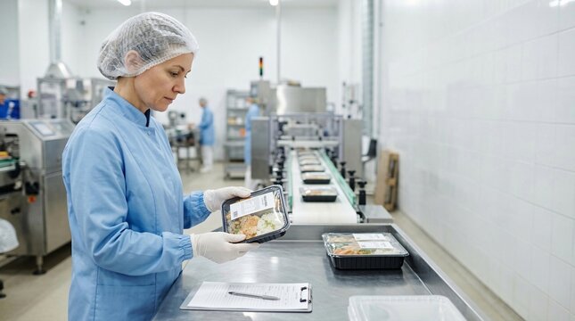 Woman in blue lab coat and hairnet inspecting pre packaged meals on a production line