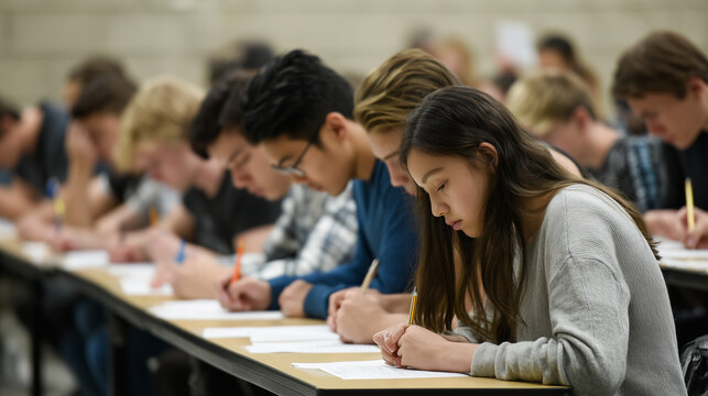 Studierende schreiben eine Klausur in einem H&ouml;rsaal. Pr&uuml;fungssituation an der Universit&auml;t w&auml;hrend einer Vorlesung oder eines Tests, Konzept f&uuml;r Bildung, Studium, Lernen und akademische Leistung.