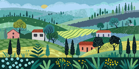 Stylized illustration of a rolling hillside landscape with quaint houses © Ruhidas