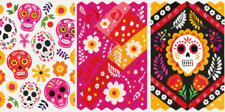 Colorful sugar skull and floral patterns inspired by d a de los muertos