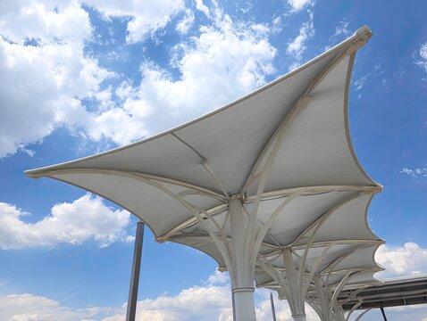 Modern white tensile fabric canopy structure with clouds and blue sky