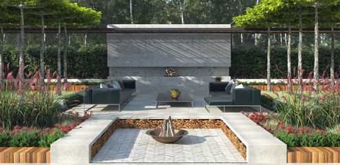 Naklejka premium Contemporary outdoor patio with modern furniture and sunken fire pit. 3d rendering of luxury garden