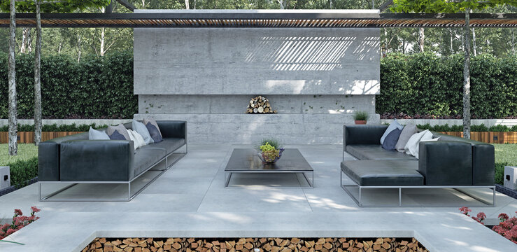 Modern outdoor lounge area with dark sofas and concrete wall. 3d rendering of luxury patio terrace