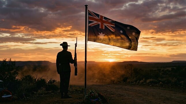 Anzac Day, Australian flag, Australian soldier, remembrance, memorial, sunset, patriotism silhouette of a soldier in slouch hat standing at attention in the outback at dusk.