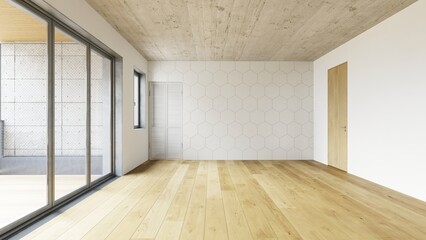 Obraz premium Empty room interior with hexagonal wall tiles and sliding glass doors. 3D rendering of a new home