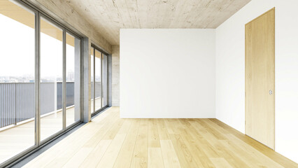 Fototapeta premium Empty modern room with wood floor and concrete ceiling. Unfurnished apartment interior. 3D rendering