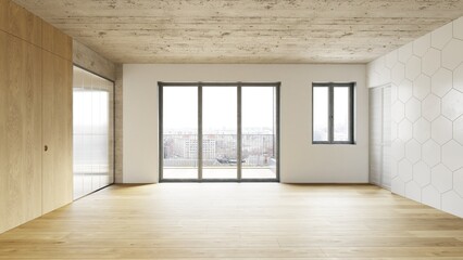 Fototapeta premium Empty modern apartment interior with wood floor and concrete ceiling. Unfurnished room. 3D rendering