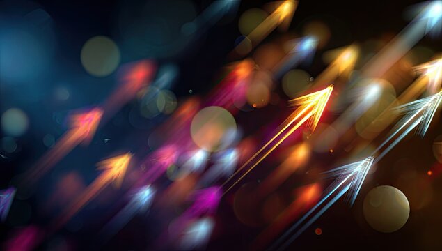 Glowing arrows ascend against a dark, bokeh-filled background