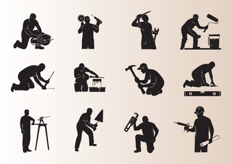 Collection of diverse construction and repair worker silhouettes performing various tasks and using tools
