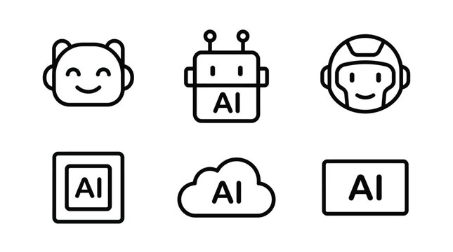 Collection of six modern vector icons depicting various artificial intelligence symbols and robots with smiling faces for design and technology use.