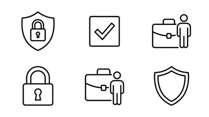 Vector graphic illustration of security and protection icons including shield, lock, briefcase and checkmark symbols in a simple line style design © Rehana