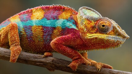 Fototapeta premium Bright chameleon resting on a branch in a forest during daytime with colorful scales