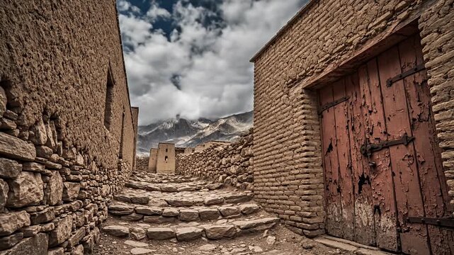 Narrow stone path in ancient mountain village with traditional adobe buildings