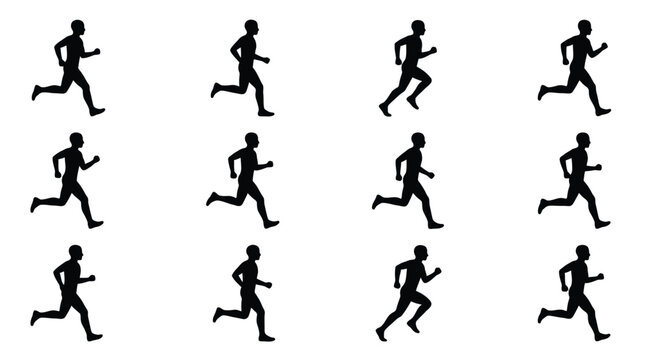 Black silhouettes of men running in various dynamic poses vector illustration