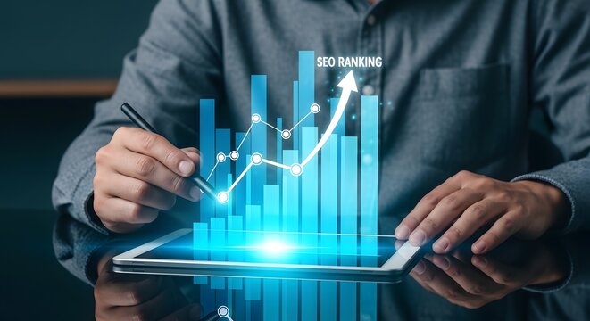 Businessman optimizing search engine ranking growth using digital technology on transparent background