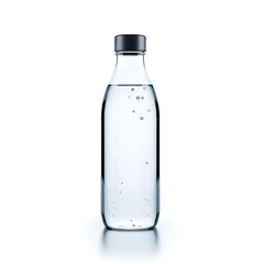 Fototapeta premium Glass bottle of clear sparkling water with black cap on white background transparent background