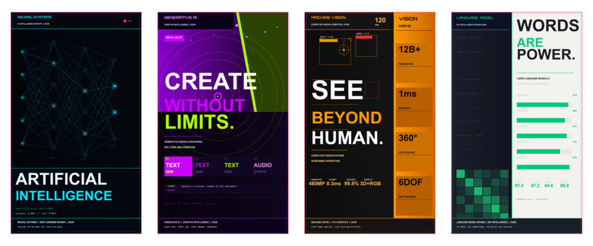 Artificial intelligence poster design, AI magazine cover, machine learning advertisement layout, neural network brochure template, technology flyer design, generative AI editorial, premium tech market