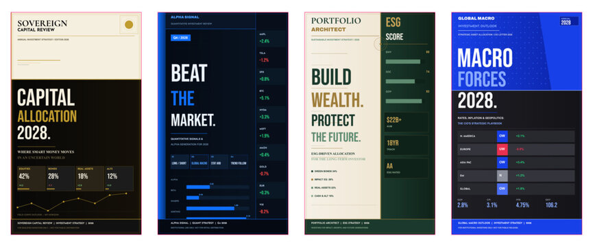 Investment strategy poster design, financial magazine cover, asset allocation advertisement layout, portfolio brochure template, equity research flyer, wealth management editorial, premium finance mar